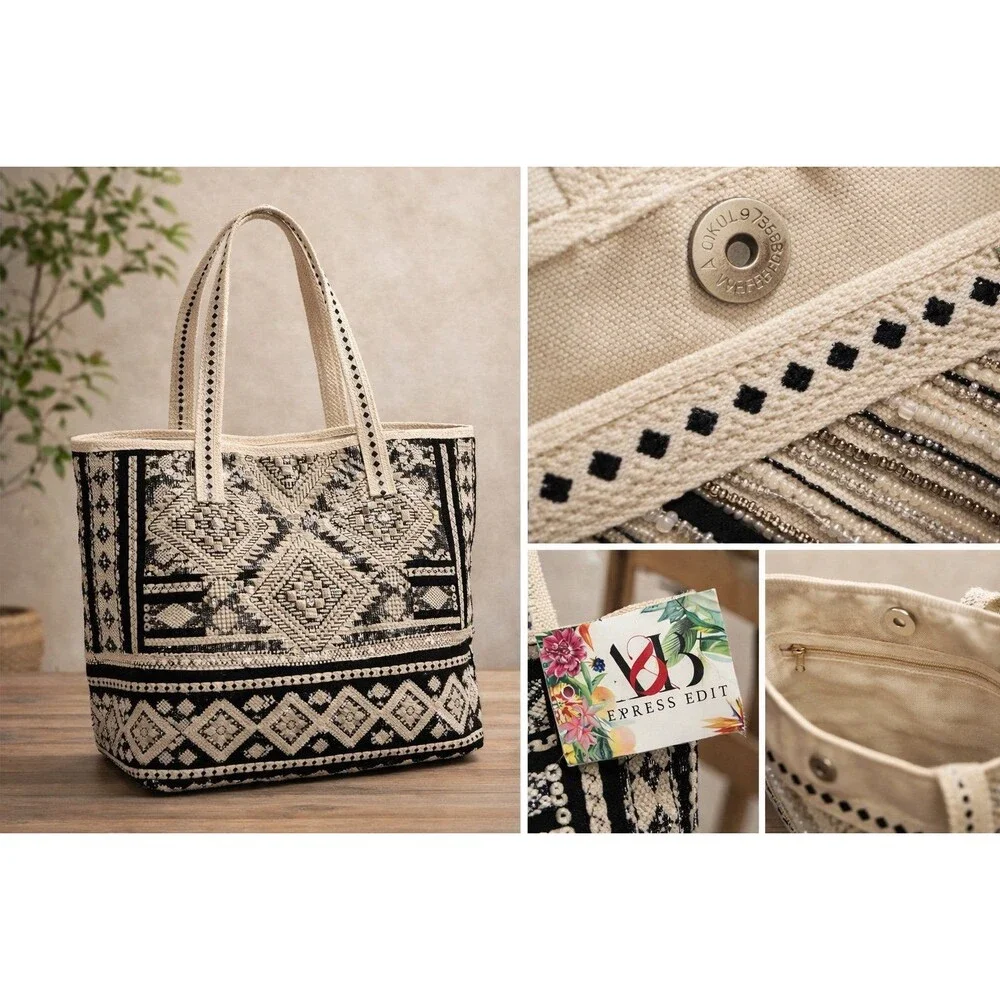 Black & White Embroidered Tote Bag | Beaded Sequin | Boho Style